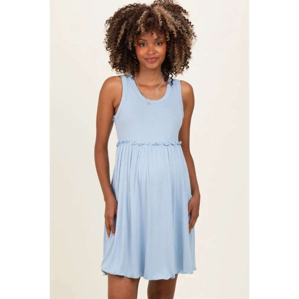 Rhea&Thea Light Blue Ribbed Sleeveless Lettuce Trim Maternity Mini Dress M